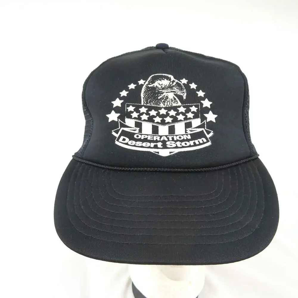 Operation Desert Storm Trucker Hat Eagle Stars Black White Snapback Golf Rope